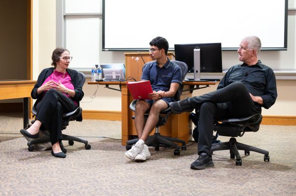 Law professor Pamela Karlan and history professor James Campbell M.A. ’83 Ph.D. ’89 speaking with a moderator from StanfordVotes during a Civics Week event. (CAYDEN GU/The Stanford Daily)