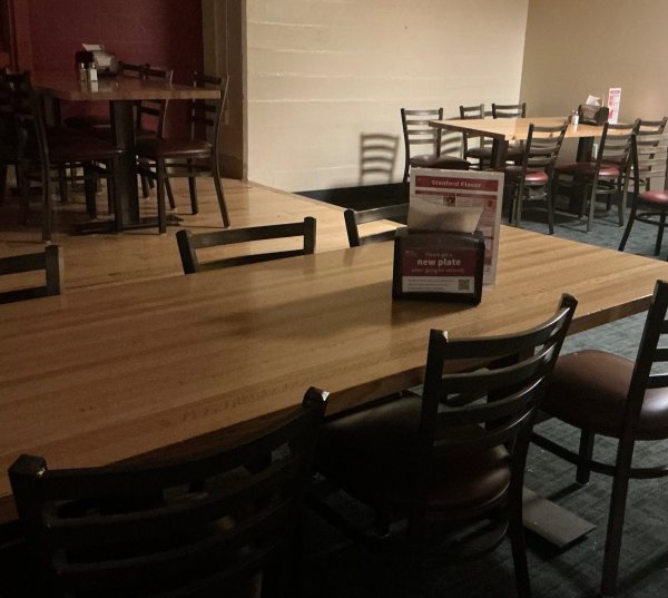 Empty tables and chairs in a dining hall